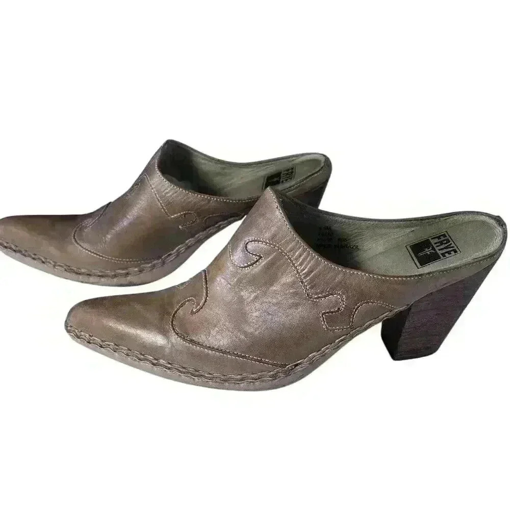 Frye Phoenix Light Tan Leather Slip On Mule Clog Stacked Heel Size 9.5M Shoe